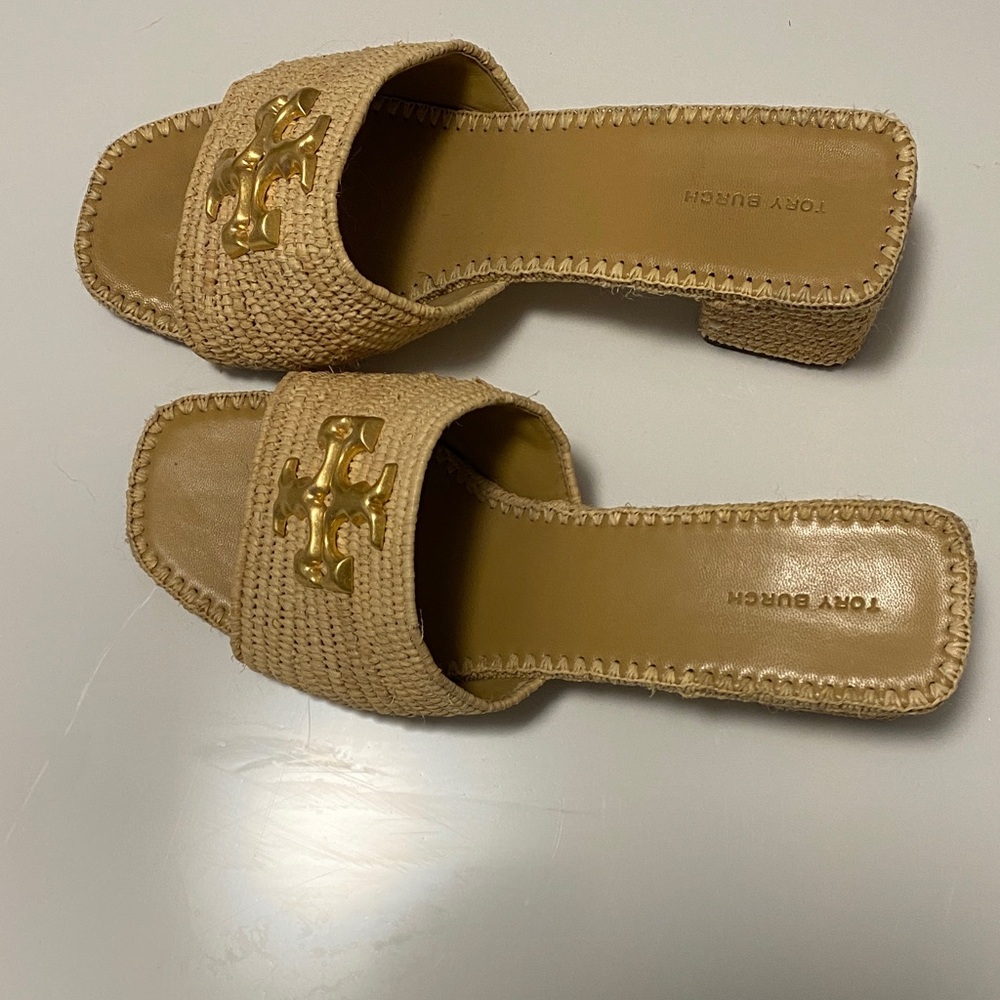 Tory Burch Beige Woven Mules with Gold Accent
